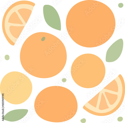 Minimalist Orange Fruit Pattern with Green Leaves.