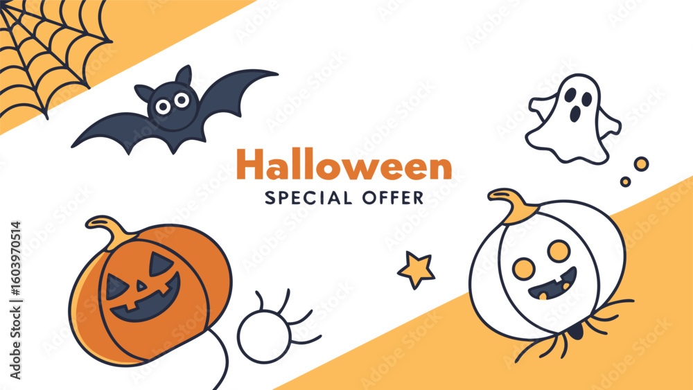 Obraz premium Halloween themed graphic with pumpkins, a bat, a ghost, a spider web and a star for special offer ad