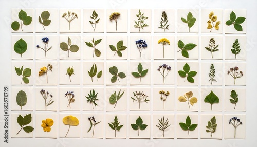 Pressed plants arranged in a grid on off-white paper