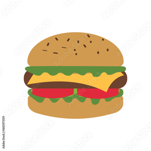 Flat vector illustration of a hamburger in minimal 2D style with soft tones. Perfect for menu, infographic, or street food icon.