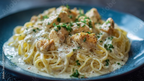 Creamy keto chicken alfredo with shirataki noodles served in a bowl