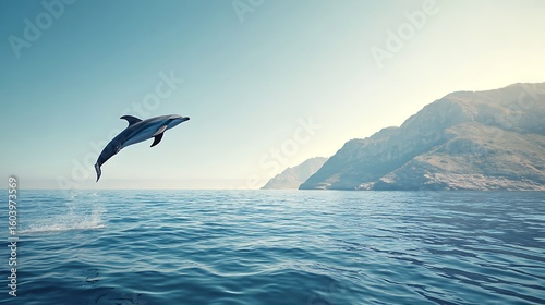Playful dolphin leaping beside sunny beach shore high resolution picture
