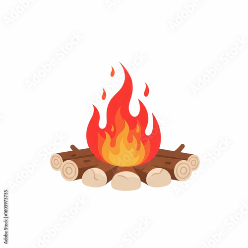 Cartoon Campfire with Flames, Logs, and Stones