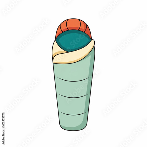 Cartoon illustration of a light teal sleeping bag with orange and teal accents.