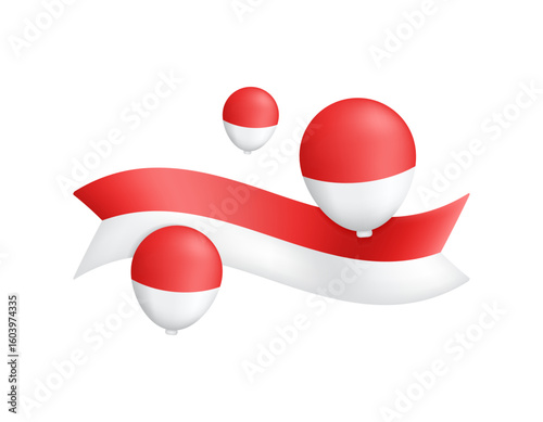 Illustration of a red and white ribbon with a red and white balloon symbol. Indonesian Independence Day. Celebrations and events. Decoration and design ornaments. Minimalist 3D style design. element