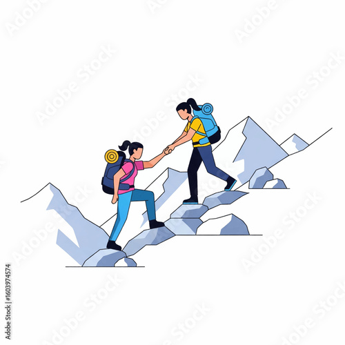 Two women are hiking up a rocky mountain, one helping the other by offering a hand for support.