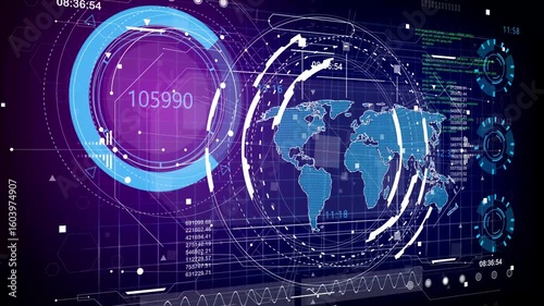 Futuristic world map hologram with dynamic data display presents global analytics, digital connectivity, and high-tech visualization, ideal for business, cyber technology, and virtual interfaces.