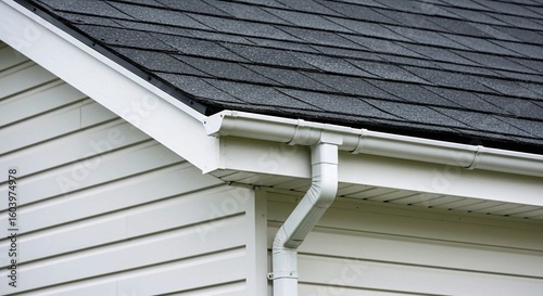 security camera on the roof, Close-up of seamless aluminum rain gutter on white house with dark roof. Sleek design efficiently manages water drainage. Material is durable, modern building component.