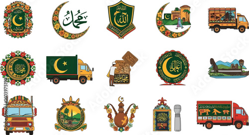 Pakistani truck art vector designs islamic art and culture illustration set