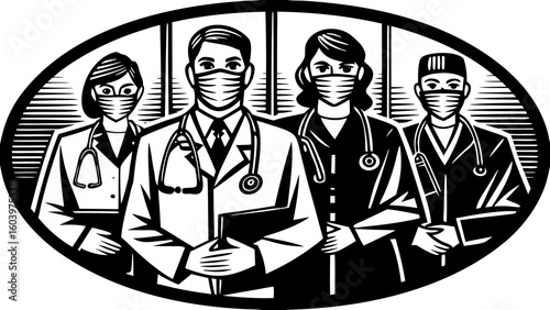 Four healthcare workers wearing masks and stethoscopes in a black and white oval illustration