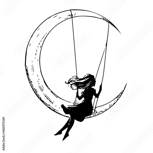 Silhouette of a girl on a swing hanging from a crescent moon in a black and white sketch style drawing