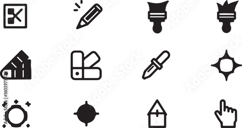 Simple black-and-white icon illustrations of design software UI tools.