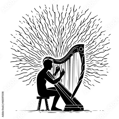 Silhouette of a person playing a harp with radiating lines above the head in a black and white drawing