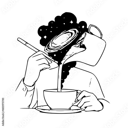 Person pouring galaxy from head into coffee cup with cigarette in hand in black and white drawing