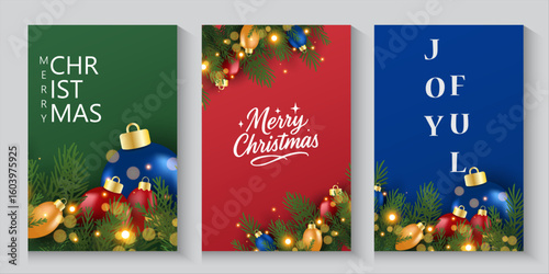 Christmas banner and poster with fir branches confetti and sparkles of gold lights blur bokeh on red, green, blue background. Bright merry Christmas and New Year cards, flayer set design holiday frame