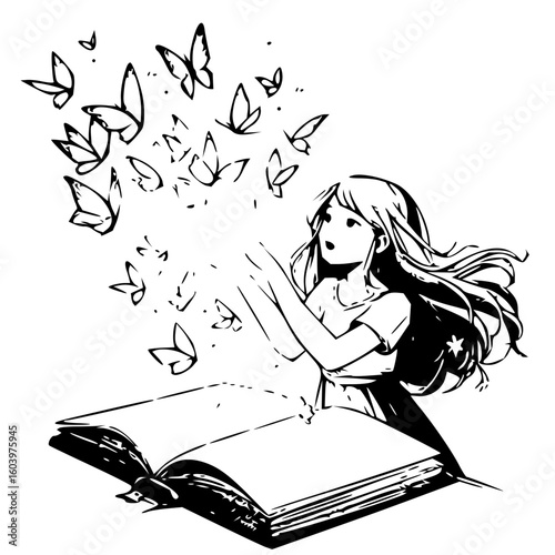 Girl with long hair releasing butterflies from an open book in black and white line art illustration