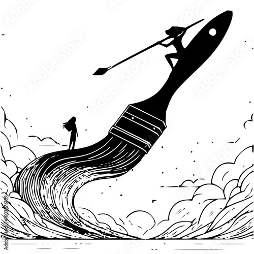 A whimsical illustration of a woman rowing on a paintbrush with another figure standing on the bristles