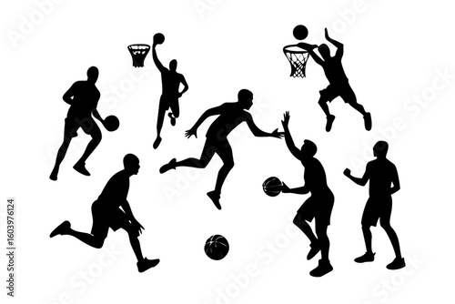 Basketball players in action silhouettes isolated on transparent background