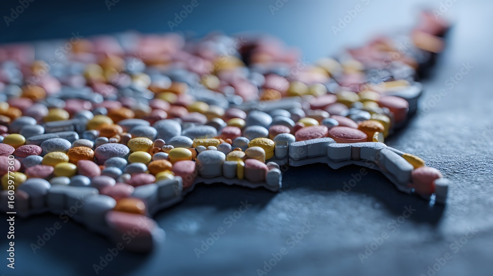 Fototapeta premium United states map made of pills in assorted colors on a dark textured surface close up view
