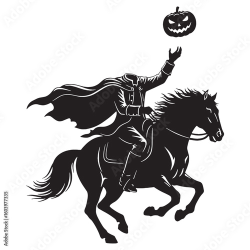 The legend with no eyes to see – Headless Horseman silhouette shown in shadowy Headless Horseman vector – Headless Horseman illustration – Halloween silhouette

