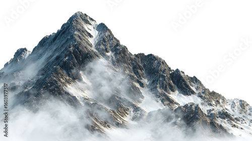 Majestic snowcapped mountain peak shrouded in ethereal mist isolated on transparent background
