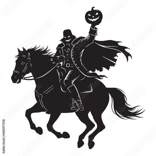 A ghostly figure atop a cursed steed – Headless Horseman silhouette styled through eerie Headless Horseman vector – Headless Horseman illustration – Halloween silhouette

