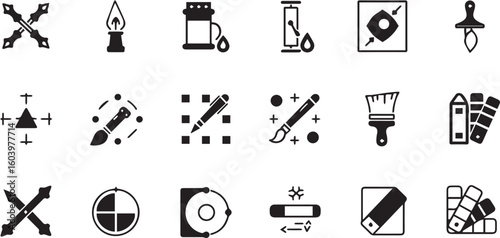 Simple black-and-white icon illustrations of design software UI tools.