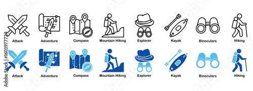 Outdoor Adventure, Hiking & Exploration Icon Set - Outline and Duotone 