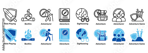 Outdoor Adventure, Exploration & Gaming Icon Set - Outline and Duotone 