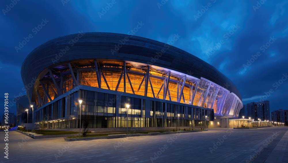 Obraz premium Modern football stadium exterior, front view, evening lighting, exterior lights on the stands and building, architectural photography.