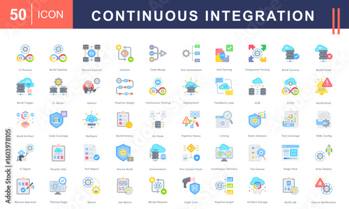Continuous Integration icon set covering build pipelines, version control, testing stages, CI/CD workflows, automation, and secure deployment. Ideal for DevOps, software, and engineering tools.