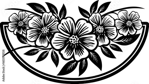 Floral arrangement in a semi circular frame with five flowers and leaves in black and white design