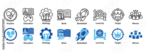 Puzzles, Education & Strategic Success Icon Set - Outline and Duotone 