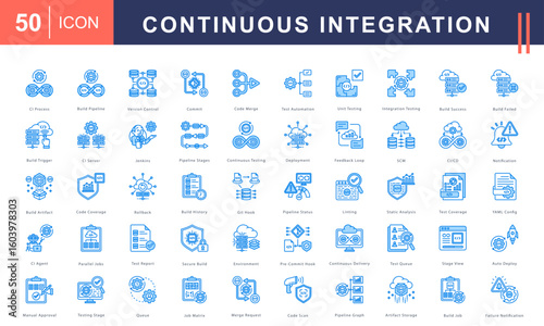 Continuous Integration icon set covering build pipelines, version control, testing stages, CI/CD workflows, automation, and secure deployment. Ideal for DevOps, software, and engineering tools.