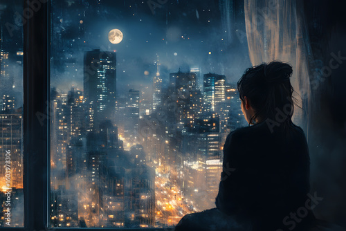 a woman sitting on a window sill looking out at a city