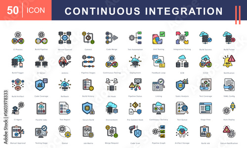 Continuous Integration icon set covering build pipelines, version control, testing stages, CI/CD workflows, automation, and secure deployment. Ideal for DevOps, software, and engineering tools.