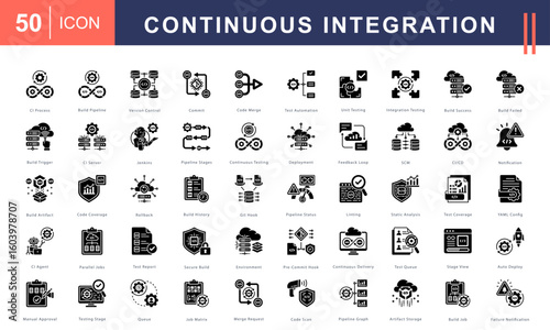 Continuous Integration icon set covering build pipelines, version control, testing stages, CI/CD workflows, automation, and secure deployment. Ideal for DevOps, software, and engineering tools.