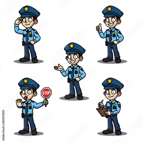  Police Officer Cartoon Character Set in Multiple Actions