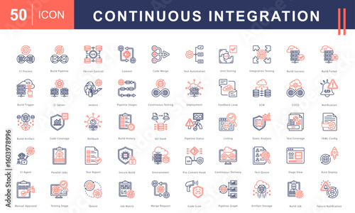 Continuous Integration icon set covering build pipelines, version control, testing stages, CI/CD workflows, automation, and secure deployment. Ideal for DevOps, software, and engineering tools.