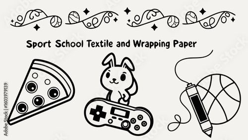 Playful line art design featuring pizza, a bunny with a game controller, and a basketball tied to a marker for textile designs