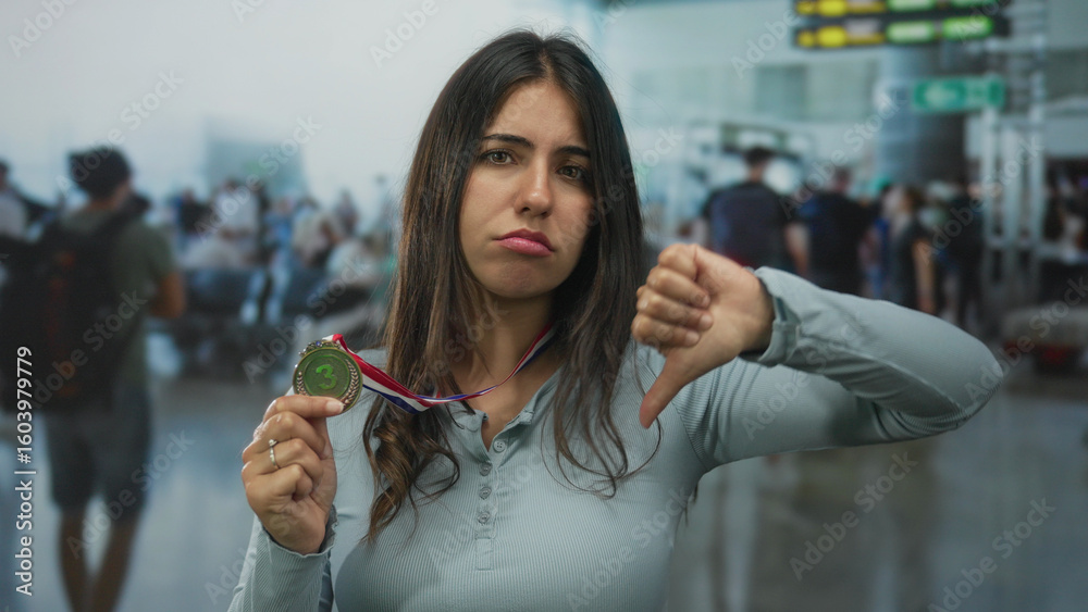 Φωτογραφία Young hispanic woman holds a bronze medal and shows thumbs down in a busy airport terminal; regret failure disappointment