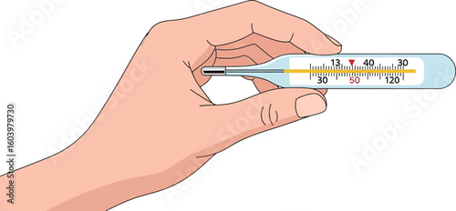 Hand holding thermometer checking temperature fever health illness concept