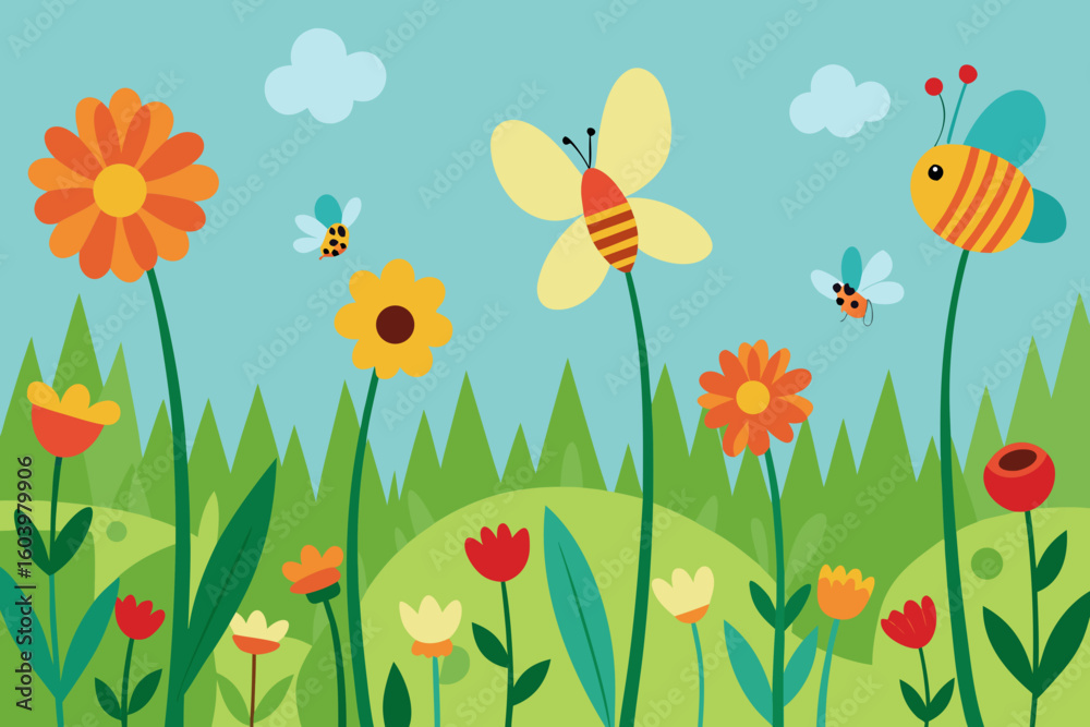 Cute cartoon bees and butterfly in a field of flowers isolated on transparent background