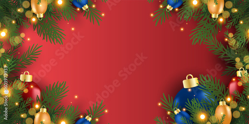 Christmas banner and poster with fir branches confetti and sparkles of gold lights blur bokeh on red, green, blue background. Bright merry Christmas and New Year cards, flayer set design holiday frame