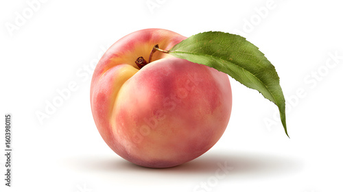 A single, perfectly ripe peach with a vibrant green leaf still attached to its stem, set against a pristine white background.