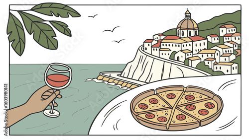 Enjoying Italian coastal views with pizza and wine for a perfect vacation getaway, a taste of paradise, relaxation and simple luxuries