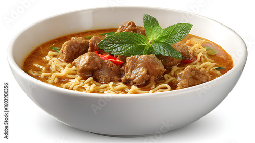 A bowl of Northern Thai curry noodles (Khao Soi), featuring chunks of meat, an orange-red broth, and fresh mint leaves as a garnish.