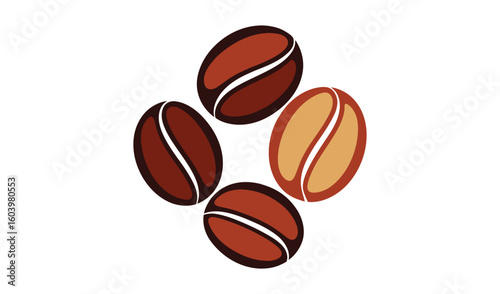 Four rich brown coffee beans arranged in a circle
