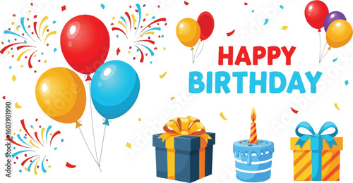 Celebrate with festive balloons, gifts, and cake, a vibrant cartoon illustration conveying birthday cheer and joyful celebration, perfect for party invitations and greetings.