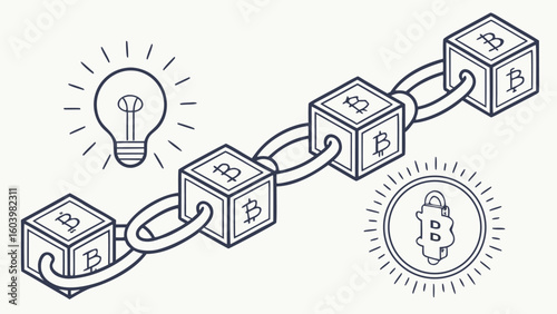Blockchain technology concept with interconnected blocks and symbols representing innovation and security in digital currencies